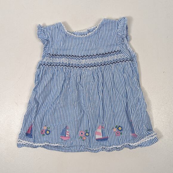 Jojo Maman Bebe Top Girls Size 18-24m Blue Stripe Sailboat Smocked - Picture 1 of 6